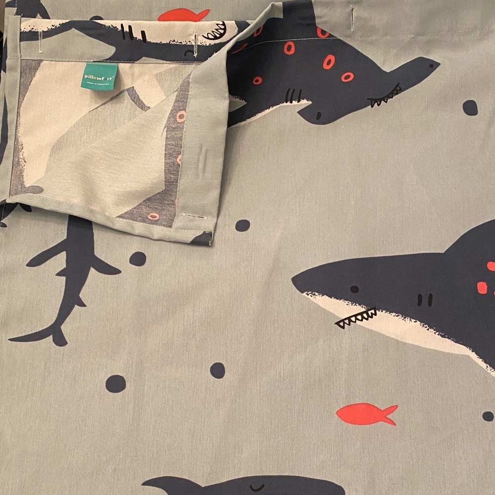 Pillowfort Gray/Green Shower Curtain with Navy Sharks and Coral Fish